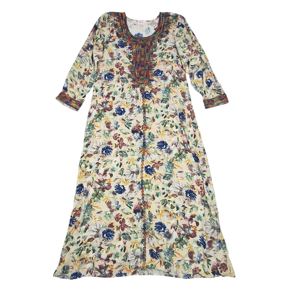 Pumpkin Kurta Maxi Dress Womens Medium‎ Blue Green Floral Embroidered Boho